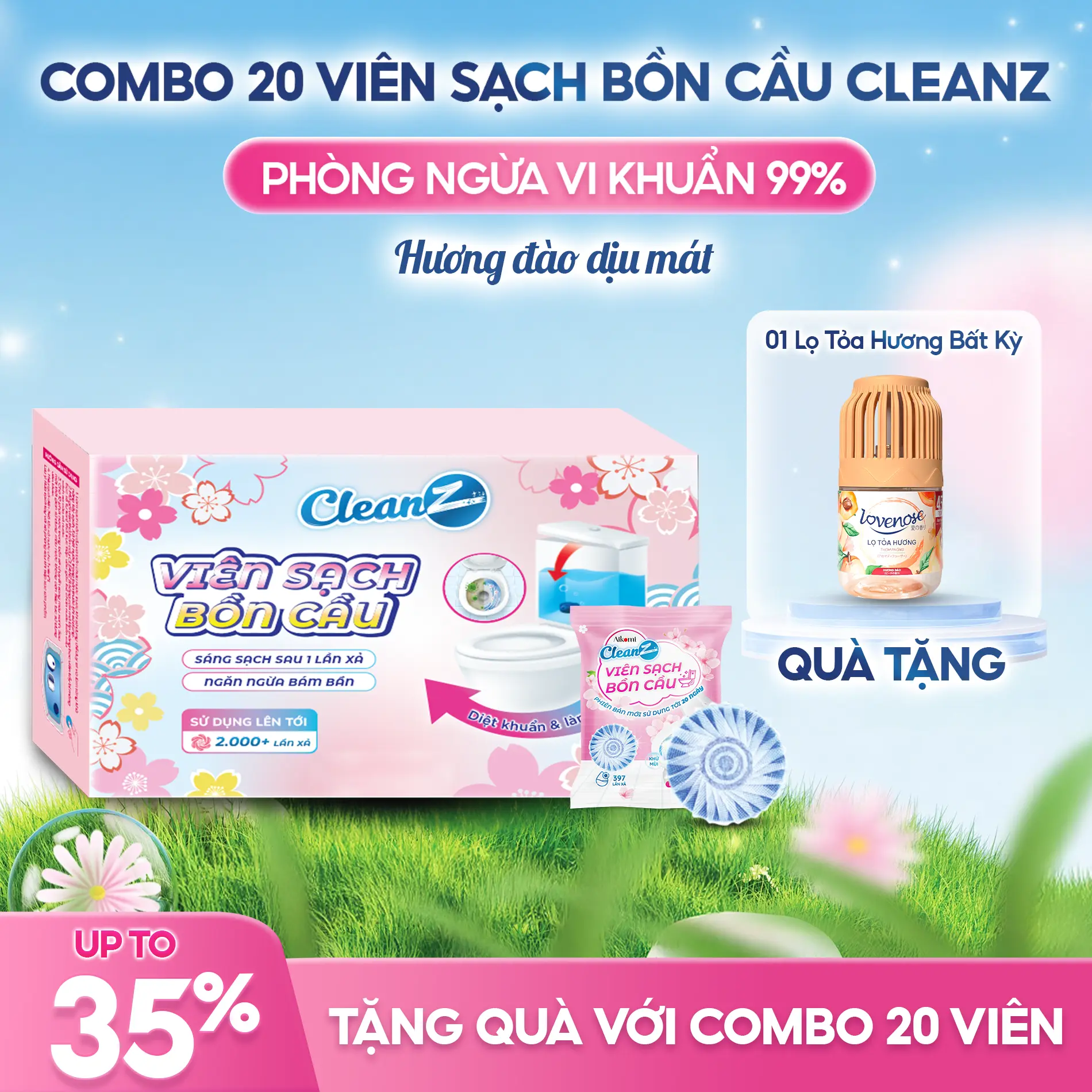 [MUA 1 ĐƯỢC 2] Combo 20 Viên Sạch Bồn Cầu CLEANZ khử mùi diệt vi khuẩn toilet thế hệ mới hương đào làm sạch khuẩn thơm mát làm sạch mảng bám 50g/gói