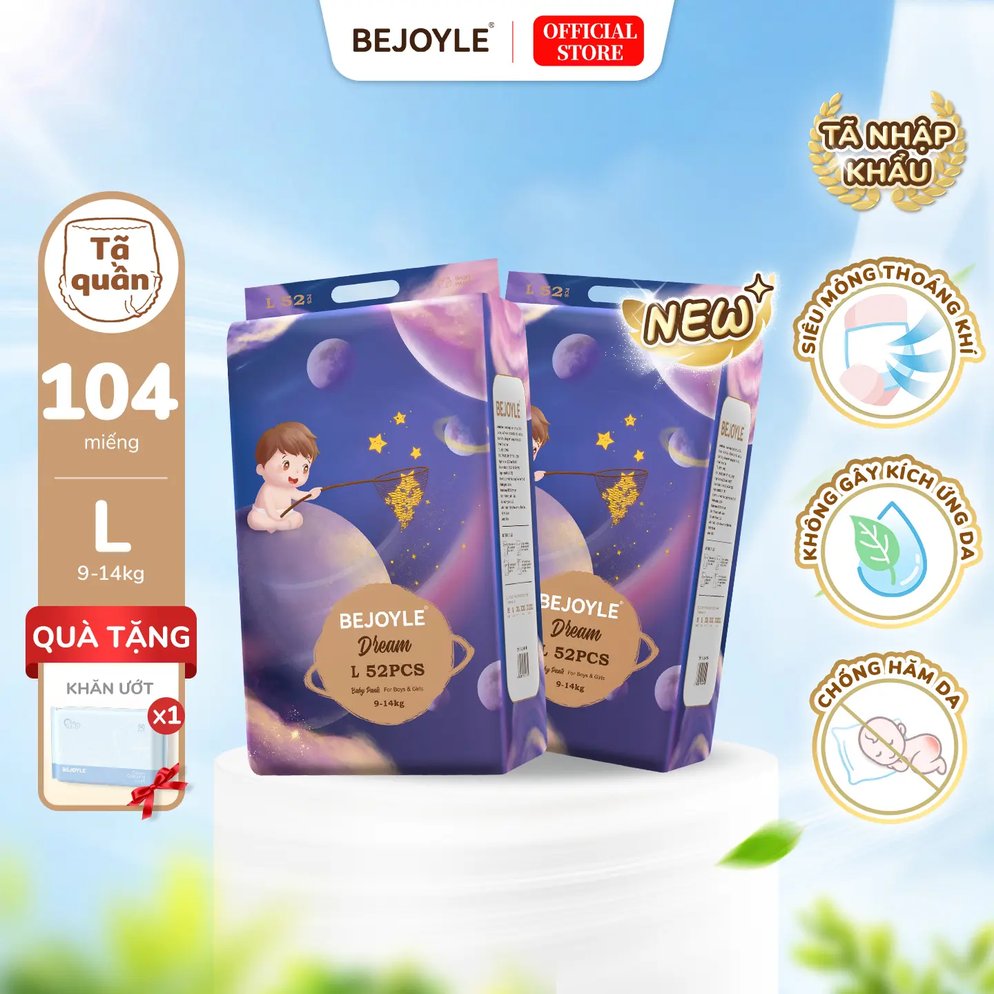 【-Combo 2 bịch-】Bejoyle Tã Bỉm cho bé nhập khẩu cao cấp 120 miếng Size S-XXXXL, siêu mỏng chỉ 2mm mềm mại, thấm khí vượt trội không hăm da, giữ khô 24h dịu da không chà xước, thấm nhanh chống rò rỉ, dễ thay mặc cho bé mọi hoạt động