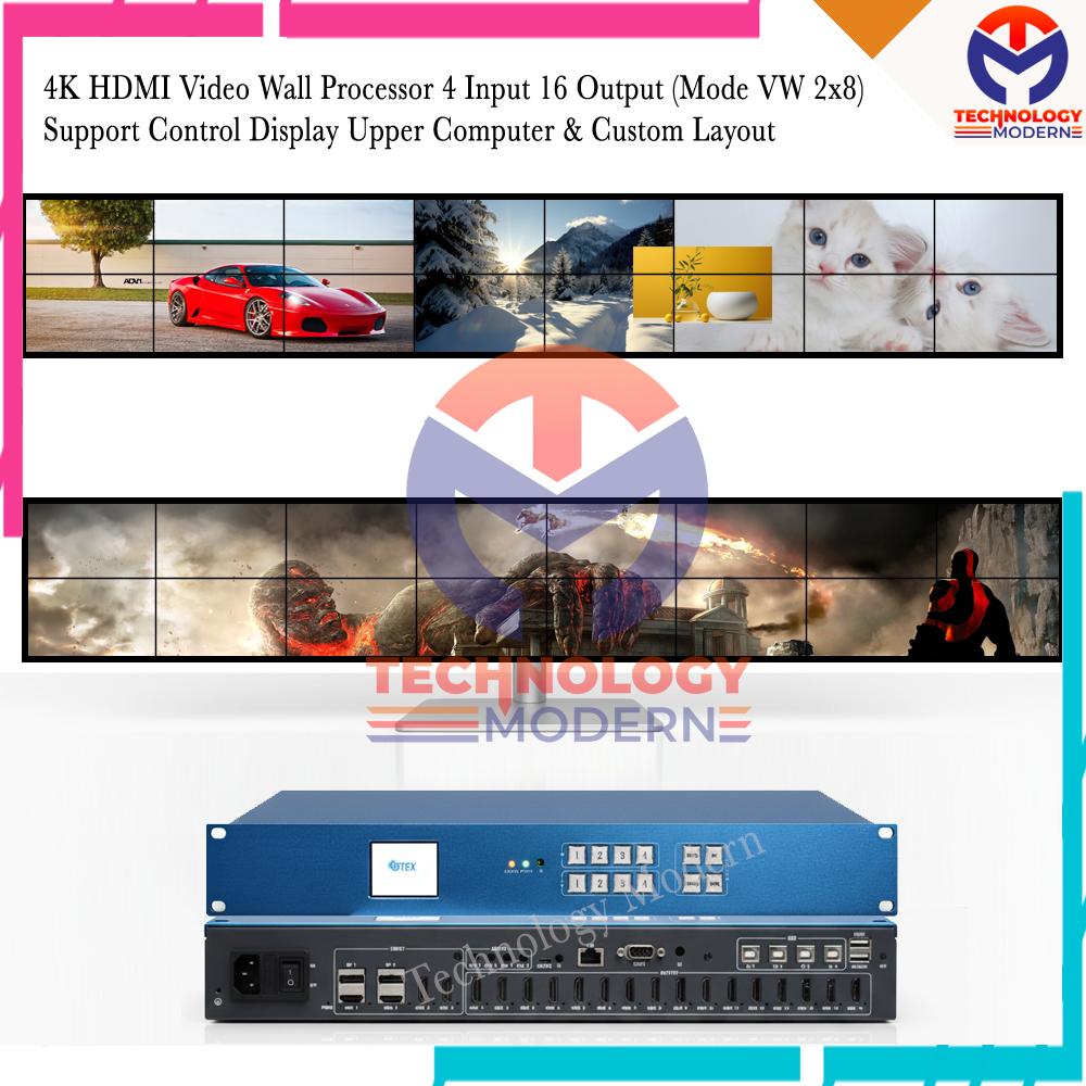 4K HDMI Video Wall Processor 4 Input 16 Output (Video Wall 2x8 Mode) Support Control Display Upper Computer & Custom Layout