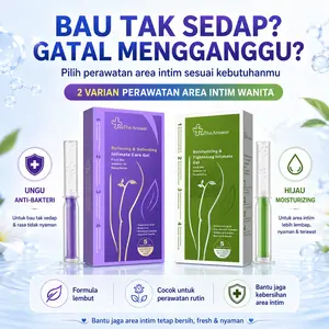 Find The Answer Paket Dua Gel Perawatan Kewanitaan (Pelembab & Antibakteri Menenangkan), Dengan Hialuronat & Kolagen untuk kelembapan tahan lama, Probiotik antibakteri redakan gatal, Ekstrak tanaman lematur jaga kesehatan secara alami.