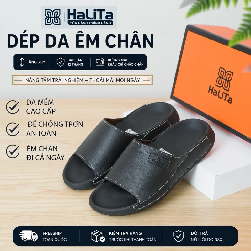 [Dép Công Thái Học ] Bản Nâng Cấp l, Da Bò Lưu Bút Cao Cấp HaLiTa, Đế Cao Su Vân Nhám Chống Trơn Trượt - 1