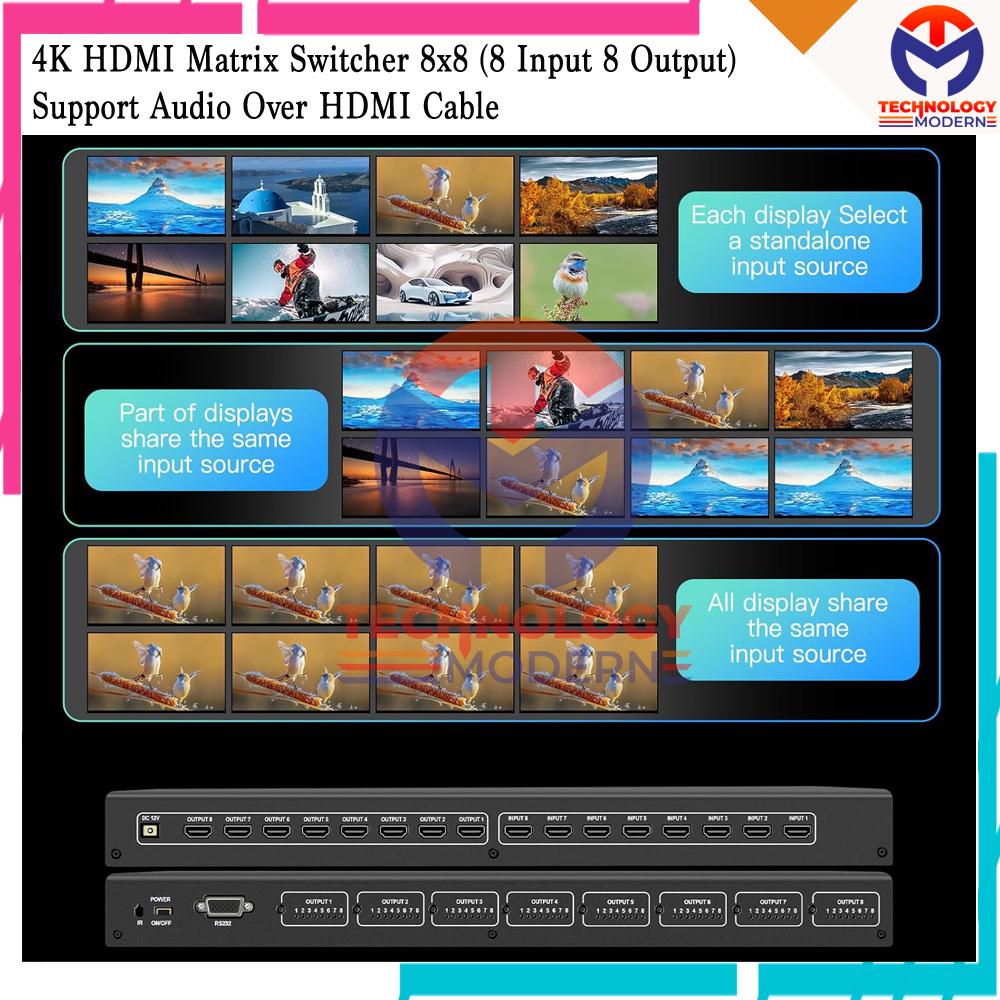 4K HDMI 2.0 Matrix Switch 8x8 with Video Matrix Switcher Splitter 8 Input 8 Output Support Audio Over HDMI Cable with Remote Control
