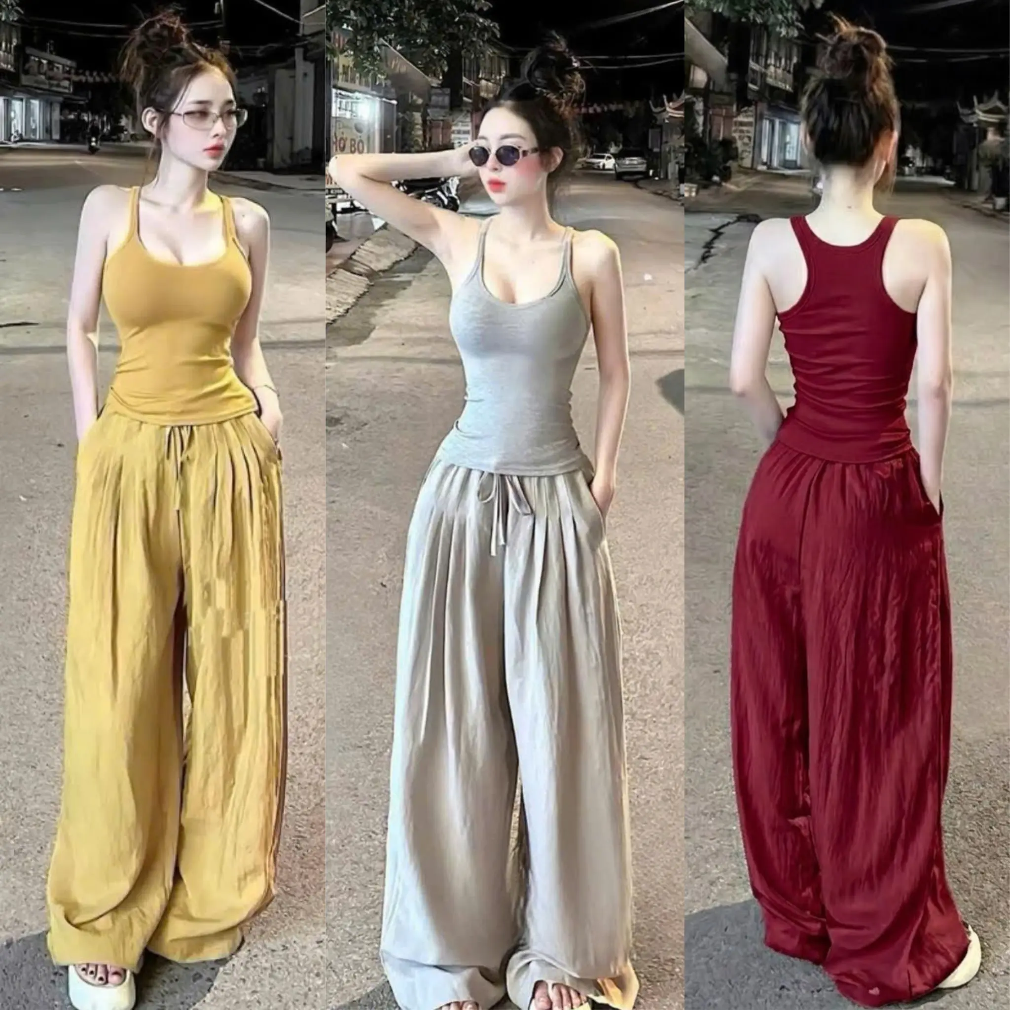 HL09 Set bộ ba lỗ, dây mix quần suông bồng bí, 5 màu đen, vàng, ghi, trắng,đỏ đô