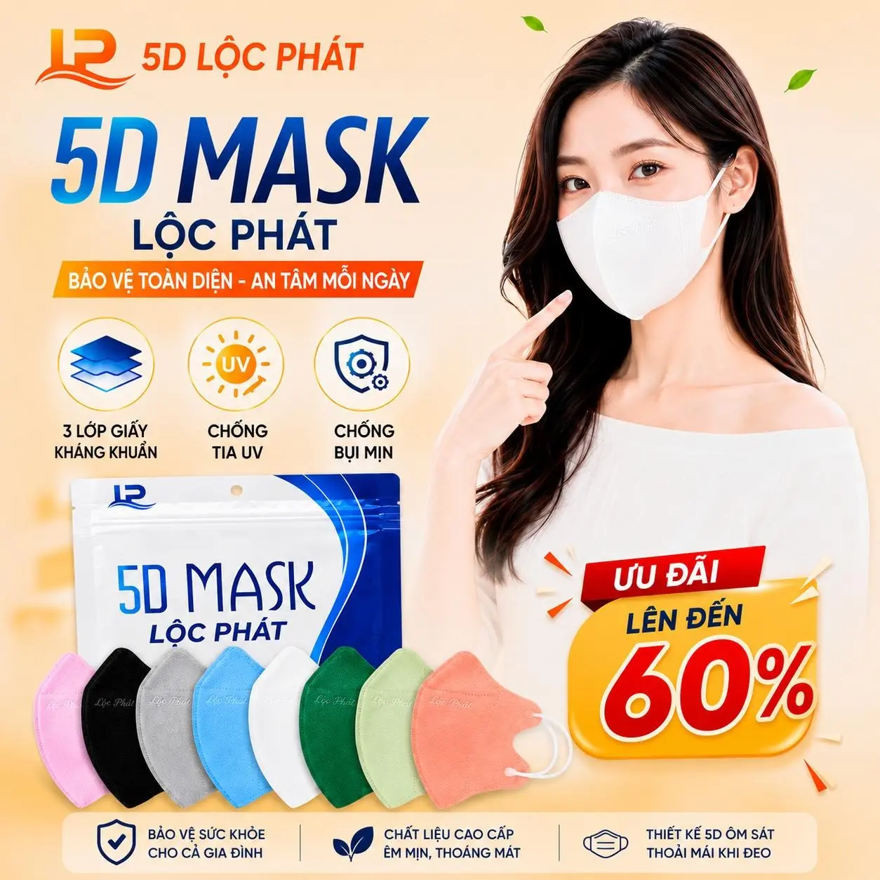 [Combo 200c-100c] Khẩu Trang 5D Lộc Phát (túi 20 cái) Khẩu Trang Ôm Mặt Dành Cho Người Lớn Ngăn Ngừa Khói Bụi Mịn Dùng Một Lần