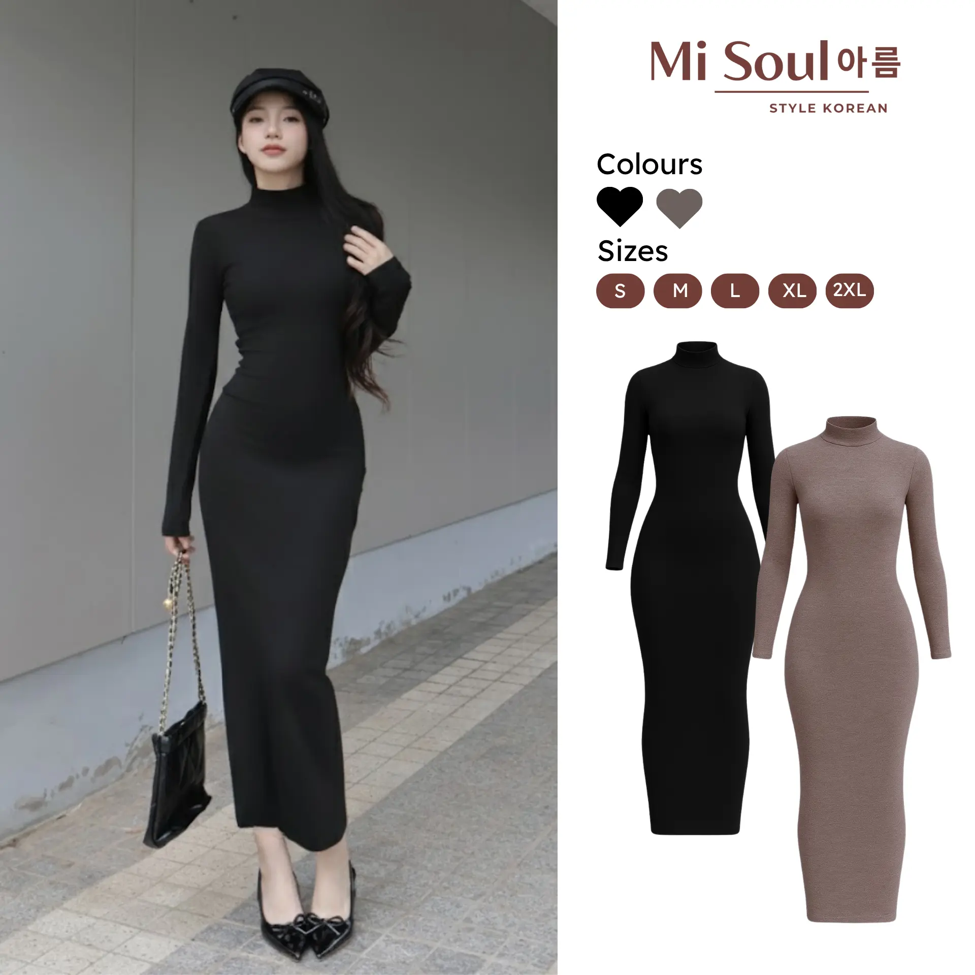 Váy Len Ôm Dáng  Dài  Ôm Xẻ Phía Sau/ Không Xẻ, Cổ 3 Phân/ Cổ Tròn Chất Len Lông Thỏ Misoul, Váy Maxi Mùa Đông Ôm Body Dài Tay MiSoul 360 Nữ Women Dress Đen