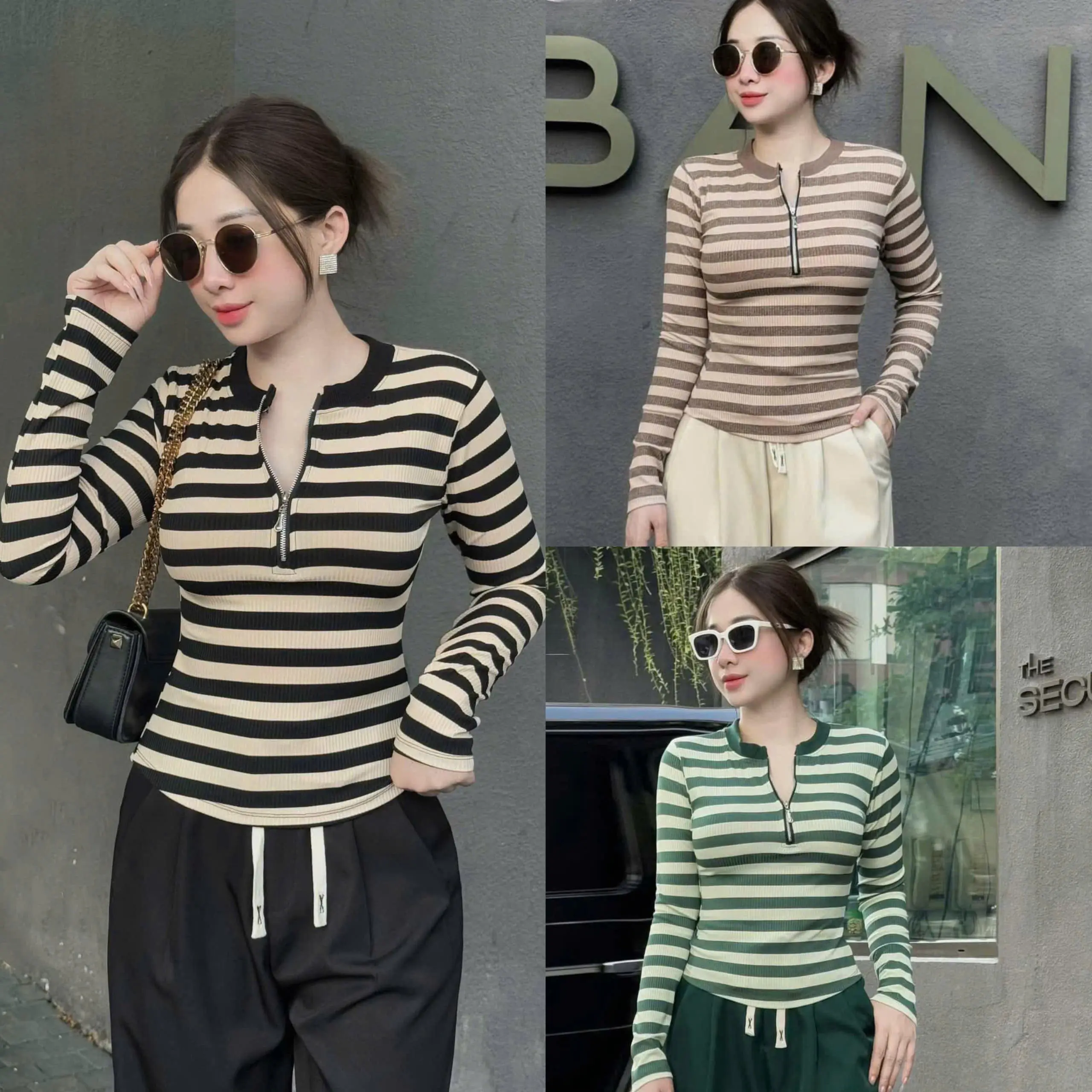 Áo Thun Nữ Tay Dài Phối Cổ Dây Kéo Vải Thun Tăm 45- 90Kg Bigsize Dễ Thương Top Nữ Women - B.1537 - 1