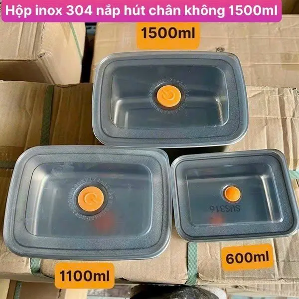 [Combo 5 Hộp] Hộp Inox 304 Có Nắp Hút Chân Không KT 1000ml - 1500ml (hàng Dày Dặn)