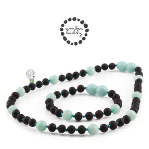 Amber Buddy | LE547 Kalung dan Gelang Bayi Baltic Amber kombinasi Sky Blue Jade. 32cm &14cm
