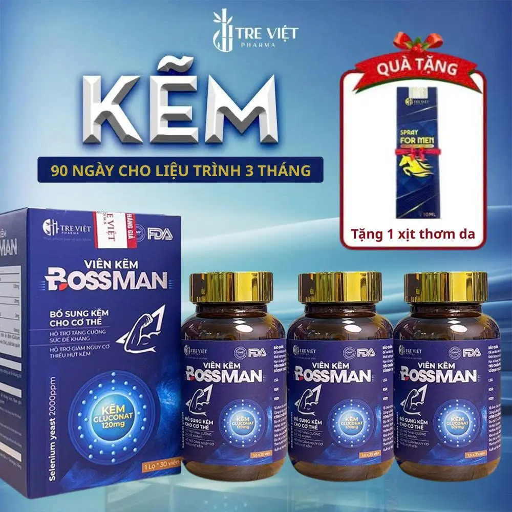 【SALE GIỮA THÁNG - QUÀ TÙY CHỌN】 KẼM BOSS MAN hỗ trợ tăng cường sức khỏe bổ sung kẽm biozinc ( Hộp 3 lọ x30 Viên) - BossMan Huongtreviet tặng một phần quà tùy chọn