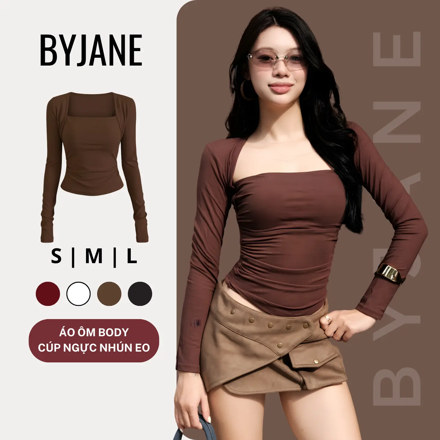 ( XẢ KHO ) Áo ôm Body Cúp Ngực Nhún Eo Dài Tay Cotton Lông mịn Siêu Co Dãn BYJANE -755