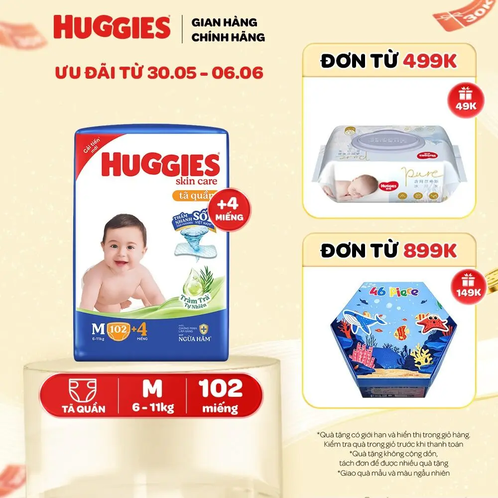 Tã/ bỉm quần Huggies Skincare Mega Jumbo với tràm trà dịu da Size M106/L96+8/XL84+4/XXL76+4