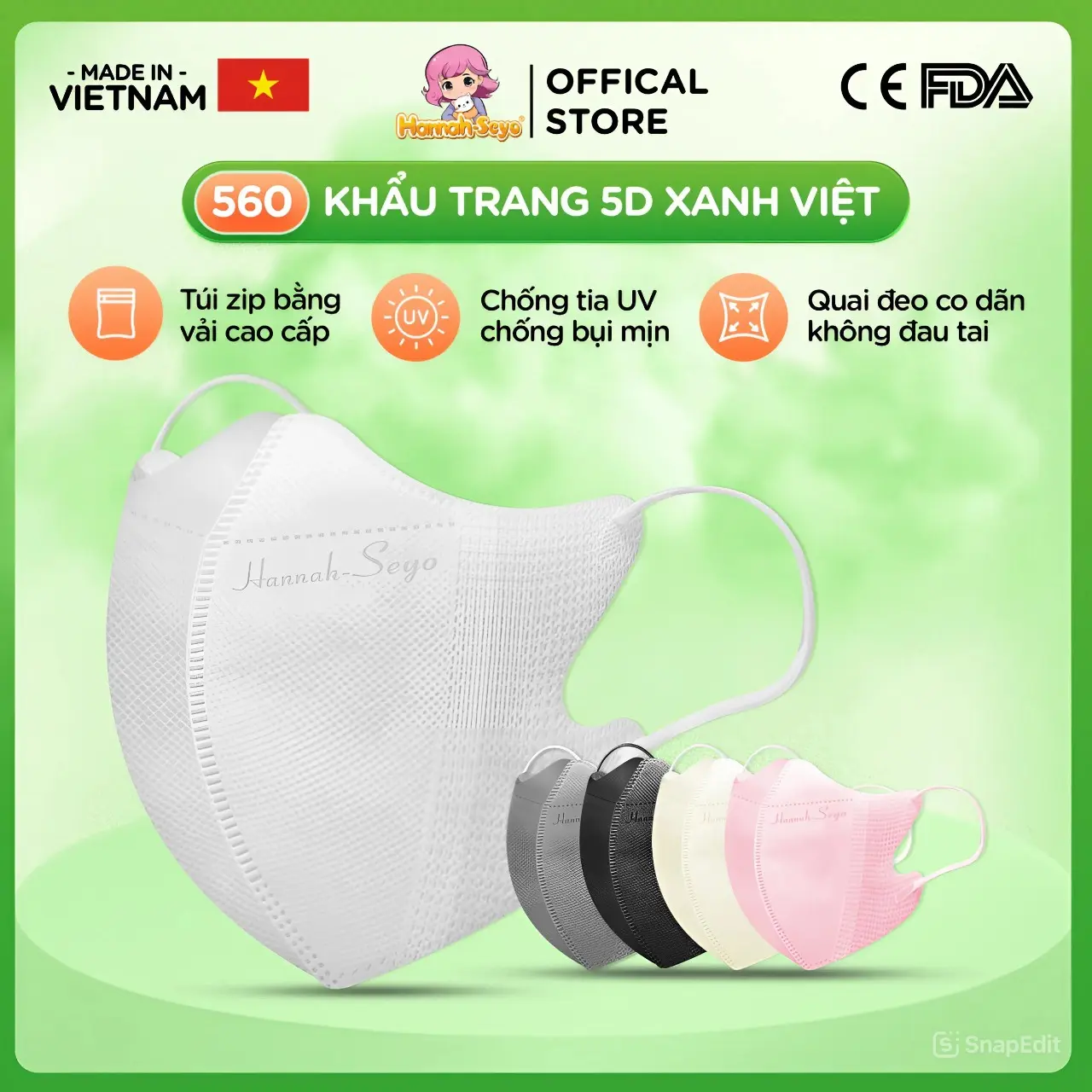 [COMBO TIẾT KIỆM HƠN] Thùng 500c/560c Khẩu Trang 5D Xanh Việt Hannah Seyo - Khẩu Trang Chống Tia UV, Bụi Mịn 3 Lớp Vải Không Dệt Cao Cấp -  KT560