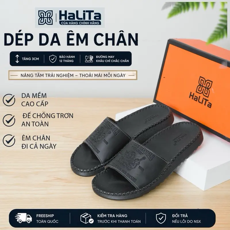 [ HaLiTa ] - Dép Nam Đẹp Đi Mưa dập vân nổi Địa , Da Bò Sáp chống thấm nước , Đế Nhẹ Có Răng Cưa Chống Trơn Trượt , Mặt da êm chân khâu chỉ viền xung quanh. DéP Nam Đế Bằng. - 1