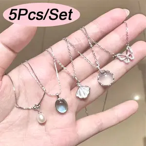 Set Kalung 5pcs Blue Sapphire & Moonstone - Desain Minimalis Elegan untuk Wanita, Perhiasan & Hadiah