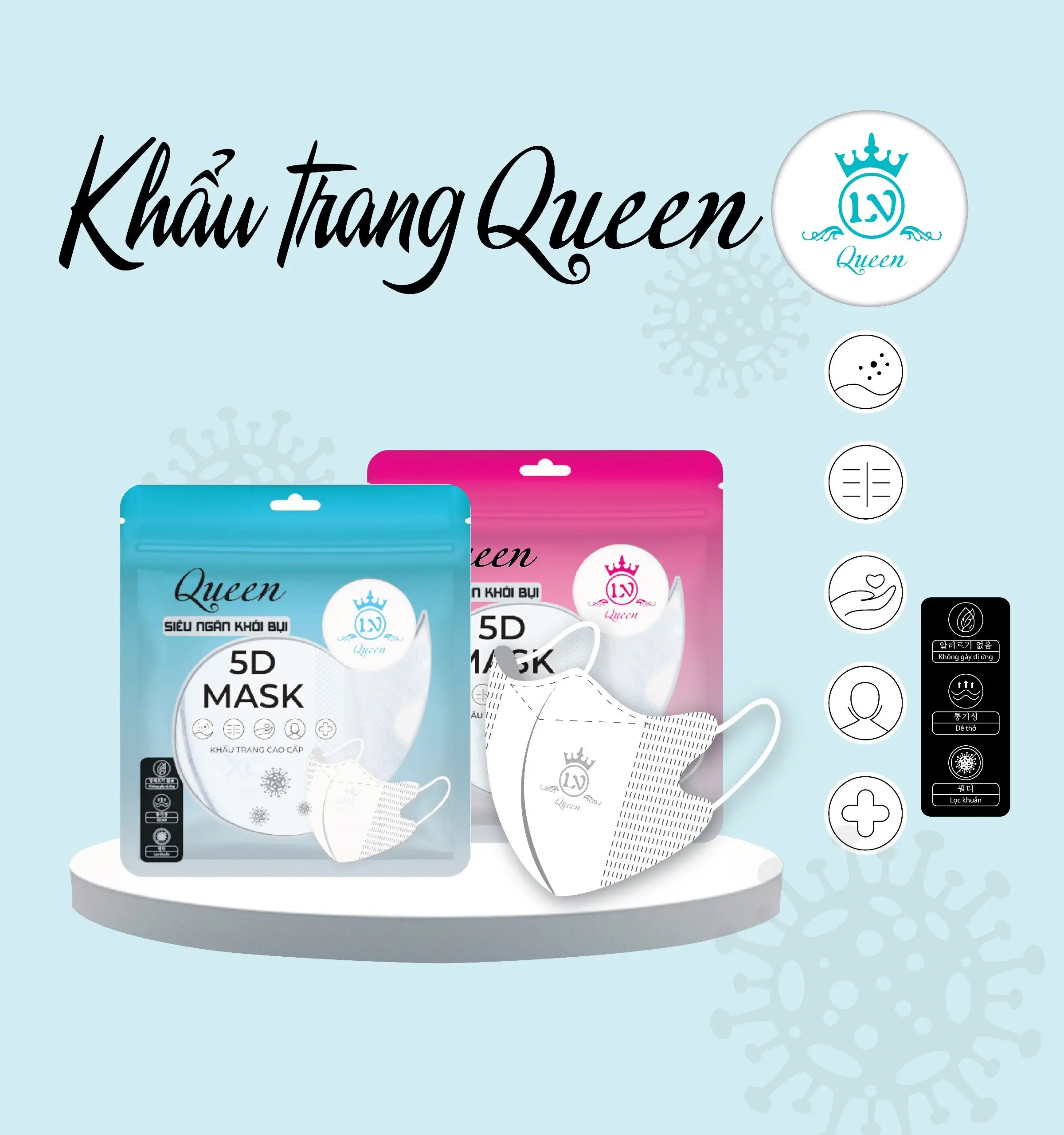 Combo 200 chiếc Khẩu Trang 5D người lớn. Khẩu Trang 5D QUEEN MASK Kháng Khuẩn 3 lớp.   Nhung Phụ Kiện Khuyên Tai