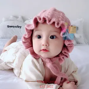 Topi Kupluk Bayi Bayu Lahir Model Bonet Rajut Casual Handmade Aksen Ruffle Untuk Bayi Perempuan Usia 0-2 Tahun
