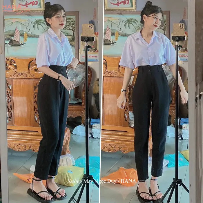 (Dài 88-95-103cm)Quần tây nữ đi học 1 nút 2 nút lưng cao màu Đen Xanh Đen DD668 chất vải dày dặn đáy cao mặc thoải mái