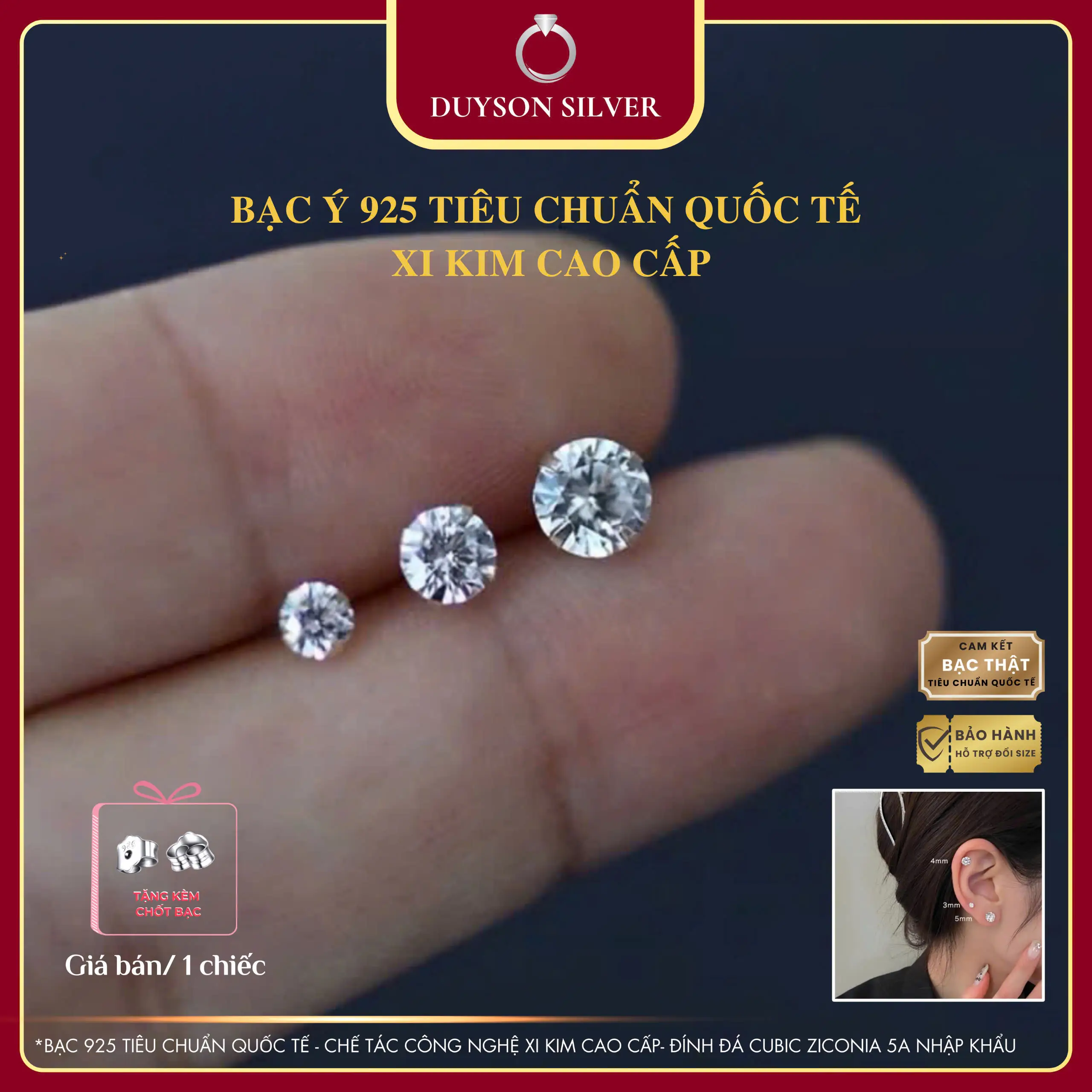 Khuyên tai nam nữ Duyson Silver bạc 925 nụ đá tròn nhiều kích cỡ KNXK44 - 1