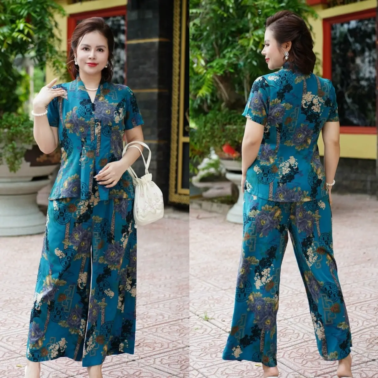 Ms30  Set Đồ bộ trung niên cách điệu cho mẹ, áo có cổ, quần ống rộng, quần giả váy, chất lụa nhập Nữ Top Women Ong Sen